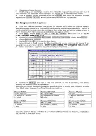 Cliquez deux fois sur Suivant.
Double-cliquez sur les champs à insérer dans l’étiquette en plaçant des espaces entre eux. Si
vous ne mettez pas d’espaces, ne vous plaignez pas ensuite que la présentation est vilaine.
Dans le panneau suivant, choisissez le tri sur le NomAd pour éditer vos étiquettes en ordre
alphabétique. Suivant. Terminer. Vos 10 étiquettes doivent tenir sur une page A4.
État de regroupement et de synthèse
Vous avez créé précédemment une requête qui présente les locations par types de bateaux.
Vous souhaiteriez disposer d’un Etat basé sur cette requête qui effectuerait des calculs : d’abord le
nombre total et le nombre moyen de participants à un séjour pour un type de bateau, ensuite la
durée moyenne d’un séjour ainsi que la durée totale par type de bateau.
Dans Etats, cliquez Créer un état à l’aide de l’assistant. Basez-vous sur la requête
LOCATIONS PAR TYPE DE BATEAU.
Ajoutez les champs Catégorie, NomBateau, NomAd, Nb total, Durée. Cliquez 3 fois Suivant.
Cliquez Options de synthèse.
Cochez Somme et Moyenne pour les deux lignes.
Laissez Détail et Total, cliquez Ok. Choisissez NomAd comme critère de tri, cliquez 3 fois
suivant. Donnez comme nom à l’état : ÉTAT DES CROISIÈRES PAR CATÉGORIE DE BATEAUX.
Passez en création ; supprimez les zones en italiques « synthèse….. ; » <
Revenez en Affichage pour voir si cela vous convient. Si vous le souhaitez, vous pouvez
apporter des améliorations à la présentation.
Vous allez enregistrer quelques réservations supplémentaires et ensuite vous réaliserez un autre
type d’état, visant à calculer le chiffre d’affaires des croisières.
Madame MARIN Monsieur LE GUEN Monsieur MALECK
AU FIL DE L'EAU AU FIL DE L'EAU DETENTE
24 adultes et 7 enfants
24 juillet
15 adultes et 18 enfants
26 juillet
27 adultes 0 enfants
2 août
Madame MARIN Monsieur GUEGUEN Mademoiselle DURUEL
EVASION EAU FRAICHE EAU FRAICHE
34 adultes
5 août
15 adultes 12 enfants
7 août
20 adultes 13 enfants
10 août
Vous allez créer un état qui permettra de connaître le chiffre d'affaires des croisières, avec le détail
par croisière. Il aura cette allure :
 