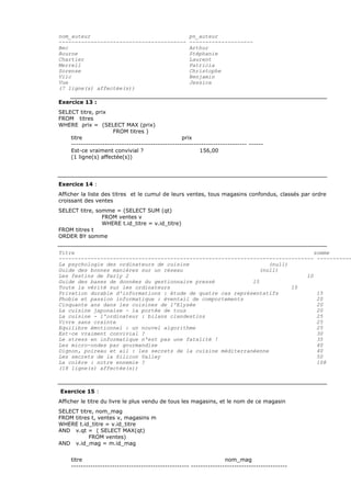 nom_auteur pn_auteur
---------------------------------------- --------------------
Bec Arthur
Bourne Stéphanie
Chartier Laurent
Merrell Patricia
Sorense Christophe
Vilc Benjamin
Vue Jessica
(7 ligne(s) affectée(s))
Exercice 13 :
SELECT titre, prix
FROM titres
WHERE prix = (SELECT MAX (prix)
FROM titres )
titre prix
------------------------------------------------------------------------- ------
Est-ce vraiment convivial ? 156,00
(1 ligne(s) affectée(s))
Exercice 14 :
Afficher la liste des titres et le cumul de leurs ventes, tous magasins confondus, classés par ordre
croissant des ventes
SELECT titre, somme = (SELECT SUM (qt)
FROM ventes v
WHERE t.id_titre = v.id_titre)
FROM titres t
ORDER BY somme
Titre somme
-------------------------------------------------------------------------------- -----------
La psychologie des ordinateurs de cuisine (null)
Guide des bonnes manières sur un réseau (null)
Les festins de Parly 2 10
Guide des bases de données du gestionnaire pressé 15
Toute la vérité sur les ordinateurs 15
Privation durable d'informations : étude de quatre cas représentatifs 15
Phobie et passion informatique : éventail de comportements 20
Cinquante ans dans les cuisines de l'Elysée 20
La cuisine japonaise - la portée de tous 20
La cuisine - l'ordinateur : bilans clandestins 25
Vivre sans crainte 25
Equilibre émotionnel : un nouvel algorithme 25
Est-ce vraiment convivial ? 30
Le stress en informatique n'est pas une fatalité ! 35
Les micro-ondes par gourmandise 40
Oignon, poireau et ail : les secrets de la cuisine méditerranéenne 40
Les secrets de la Silicon Valley 50
La colère : notre ennemie ? 108
(18 ligne(s) affectée(s))
Exercice 15 :
Afficher le titre du livre le plus vendu de tous les magasins, et le nom de ce magasin
SELECT titre, nom_mag
FROM titres t, ventes v, magasins m
WHERE t.id_titre = v.id_titre
AND v.qt = ( SELECT MAX(qt)
FROM ventes)
AND v.id_mag = m.id_mag
titre nom_mag
------------------------------------------------- ----------------------------------------
 