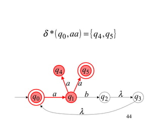 δ * ( q0 , aa ) = { q4 , q5 }


         q4            q5
              a    a
q0      a     q1       b    q2       λ        q3
                   λ
                                         44
 