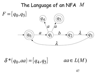 The Language of an NFA M
F = { q0 ,q5 }
                         q4               q5
                              a       a
                 q0    a         q1       b     q2    λ     q3
                                      λ


 δ * ( q0 , aa ) = { q4 , q5 }                 aa ∈ L(M )
                                                     47
 