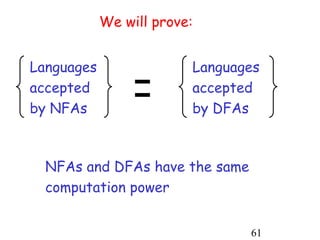 We will prove:




                 =
Languages                Languages
accepted                 accepted
by NFAs                  by DFAs



  NFAs and DFAs have the same
  computation power


                                61
 