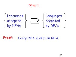 Step 1


  Languages              Languages
  accepted      ⊇        accepted
  by NFAs                by DFAs


Proof:   Every DFA is also an NFA




                                    63
 
