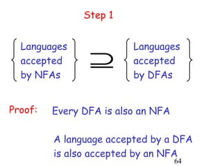 Step 1


  Languages              Languages
  accepted      ⊇        accepted
  by NFAs                by DFAs


Proof:   Every DFA is also an NFA

         A language accepted by a DFA
         is also accepted by an NFA
                                    64
 