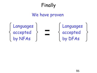 Finally
        We have proven




             =
Languages             Languages
accepted              accepted
by NFAs               by DFAs




                            86
 