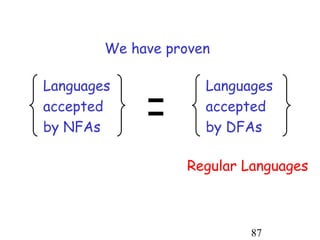 We have proven




             =
Languages            Languages
accepted             accepted
by NFAs              by DFAs

                  Regular Languages



                           87
 