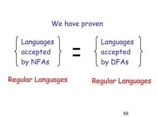 We have proven




                    =
   Languages              Languages
   accepted               accepted
   by NFAs                by DFAs

Regular Languages       Regular Languages



                                88
 