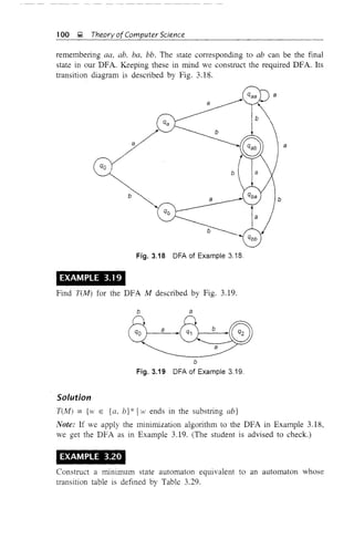 100 ~ Theory of Computer Science
remembering aa, ab, ba, bb. The state corresponding to ab can be the final
state in our DFA. Keeping these in mind we construct the required DFA. Its
transition diagram is described by Fig. 3.18.
b
a
Fig. 3.18 DFA of Example 3.18.
a
EXAMPLE 3.19
Find TCM) for the DFA M described by Fig. 3.19.
b
Fig. 3.19 DFA of Example 3.19.
Solution
r(M) = {H' E {a, b} * 1vI' ends in the substring ab}
Note: If we apply the minimization algorithm to the DFA in Example 3.18,
we get the DFA as in Example 3.19. (The student is advised to check.)
EXAMPLE 3.20
Construct a mimmum state automaton equivalent to an automaton whose
transition table is defined by Table 3.29.
 