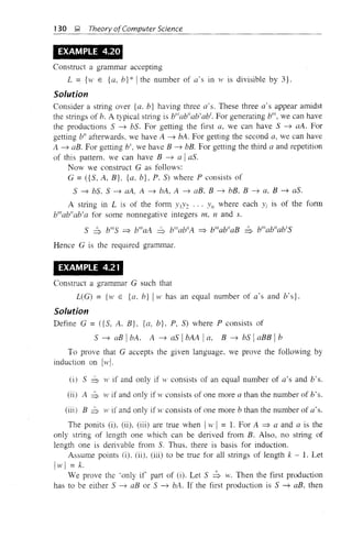130 ~ Theory at"Computer Science
EXAMPLE 4.20
Construct a grammar accepting
L = {w E {a, b}*! the number of a's in w is divisible by 3}.
Solution
Consider a string over {a. b} having three a's. These three a's appear amidst
the strings of b. A typical string is blllab"ab'abt
• For generating bill, we can have
the productions S ---:t bS. For getting the first a, we can have S ---:t aA. For
getting Y' afterwards, we have A --7 bA. For getting the second a, we can have
A ---:t aBo For getting bl
, we have B ---:t bB. For getting the third a and repetition
of this pattern. we can have B ---:t a Ias.
Now we construct G as follows:
G = ({S, A, B}, {a. b}, P. S) where P consists of
S ---:t bS, S ---:t aA. A ---:t bA, A ---:t aB, B ---:t bB, B ---:t a, B ---:t as.
A string in L is of the fonn )'IY2 ... YII where each Yi is of the fonn
b'"ab"ab'a for some nonnegative integers In, nand s.
S =s, billS => blllaA =s, billal/'A => blllal/'aB =s, blllab"ab'S
Hence G is the required grammar.
EXAMPLE 4.21
Construct a grammar G such that
L(G) = {w E {a. b} Iw has an equal number of a's and b's}.
Solution
Define G = ({S, A. B}, {a, b}. P, S) where P consists of
S ---:t aB IbA. A ---:t as IbAA Ia, B ---:t bS IaBB Ib
To prove that G accepts the given language. we prove the following by
induction on [wi.
(i) S =s, w if and only if ~w consists of an equal number of a's and b's.
(ii) A =s, w if and only if 11' consists of one more a than the number of b' S.
(iii) B =s, j1' if and only if w consists of one more b than the number of a's.
The ponits (i). (ii). (iii) are true when Iw I = 1. For A => a and a is the
only string of length one which can be derived from B. Also, no string of
length one is derivable from S. Thus. there is basis for induction.
Assume points (i), (ii), (iii) to be true for all strings of length k - 1. Let
Iwl = k.
We prove the 'only if part of (i). Let S =s, ,v. Then the first production
has to be either S ---:t aB or S ---:t bA. If the first production is S ---:t aB, then
 