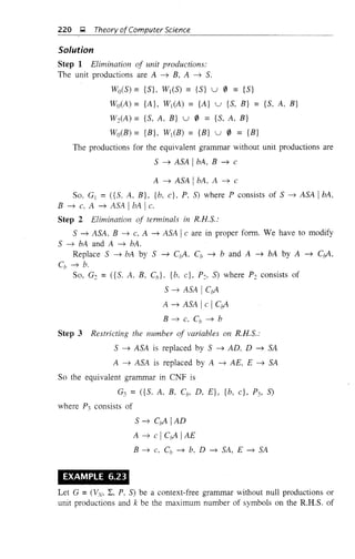 220 ,g, Theory ofComputer Science
Solution
Step 1 Elimination of unit productions:
The unit productions are A ---7 B, A ---7 S.
WoeS) = {S}, Wl(S) = {S} U 0 = {S}
Wo(A) = {A}, Wj(A) = {A} u {S, B} = {S, A, B}
W:(A) = {S, A, B} u 0 = {S, A, B}
Wo(B) = {B}, Wj(B) = {B} u 0 = {B}
The productions for the equivalent grammar without unit productions are
S ---7 ASA IhA, B ---7 C
A ---7 ASA IhA, A ---7 C
So, G1 =({S. A, B}, {b, c}, P, S) where P consists of S ---7 ASA IhA,
B ---7 C, A ---7 ASA I hA I c.
Step 2 Elimination of tenllinals in R.H.S.:
5 ---7 ASA, B ---7 C. A ---7 ASA Ic are in proper form. We have to modify
5 ---7 bA and A ---7 bA.
Replace S ---7 hA by S ---7 CIA, C" ---7 b and A ---7 hA by A ---7 CiA,
C" ---7 b.
So, G: = ({S. A, B, C,,}, {b, c}, P:, S) where P: consists of
S ---7 ASA ICIA
A ---7 ASA Ic ICiA
B ---7 C, C" ---7 h
Step 3 Restricting the number of variables on R.H.S.:
S ---7 ASA is replaced by S ---7 AD, D ---7 SA
A ---7 ASA is replaced by A ---7 AE, E ---7 SA
So the equivalent grammar in CNF is
G3 = ({S. A. B. C", D. E}, {b, c}, P3, S)
where P3 consists of
S ---7 CIA IAD
A ---7 c ICtA IAE
B ---7 C, Cli ---7 b, D ---7 SA, E ---7 SA
EXAMPLE 6.23
Let G =(V,v, :E, P, S) be a context-free grammar without null productions or
unit productions and k be the maximum number of symbols on the R.H.S. of
 