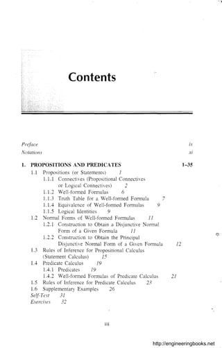 Preface
Notations
Contents
ix
Xl
1. PROPOSITIONS AND PREDICATES 1-35
1.1 Propositions (or Statements) 1
1.1.1 Connectives (Propositional Connectives
or Logical Connectives) 2
1.1.2 Well-formed Formulas 6
1.1.3 Truth Table for a Well-formed Formula 7
1.1.4 Equivalence of Well-formed Formulas 9
1.1.5 Logical Identities 9
1.2 Normal Forms of Well-formed Formulas 11
1.2.1 Construction to Obtain a Disjunctive Normal
Form of a Given Formula II
1.2.2 Construction to Obtain the Principal
Disjunctive Normal Form of a Given Formula 12
1.3 Rules of Inference for Propositional Calculus
(Statement Calculus) 15
1.4 Predicate Calculus 19
1.4.1 Predicates 19
1.4.2 Well-formed Formulas of Predicate Calculus 21
1.5 Rules of Inference for Predicate Calculus 23
1.6 Supplementary Examples 26
Se(f-Test 31
Exercises 32
iii
http://engineeringbooks.net
 