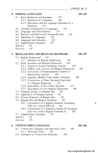 Contents !O!l v
4. FORMAL LANGUAGES
4.1 Basic Definitions and Examples 107
4.1.1 Definition of a Grammar 109
4.1.2 Derivations and the Language Generated by a
Grammar 110
4.2 Chomsky Classification of Languages 120
4.3 Languages and Their Relation 123
4.4 Recursive and Recursively Enumerable Sets 124
4.5 Operations on Languages 126
4.6 Languages and Automata 128
4.7 Supplementary Examples 129
Self-Test 132
Exercises 134
107-135
5. REGULAR SETS A~TJ) REGULAR GRAMMARS 136-179
5.1 Regular Expressions 136
5.1.1 Identities for Regular Expressions 138
5.2 Finite Automata and Regular Expressions 140
5.2.1 Transition System Containing A-moves 140
5.2.2 NDFAs with A-moves and Regular Expressions 142
5.2.3 Conversion of Nondeterministic Systems to
Deterministic Systems 146
5.2.4 Algebraic Method Using Arden's Theorem 148
5.2.5 Construction of Finite Automata Equivalent
to a Regular Expression 153
5.2.6 Equivalence of Two Finite Automata 157
5.2.7 Equivalence of Two Regular Expressions 160
5.3 Pumping Lemma for Regular Sets 162
5.4 Application of Pumping Lemma 163
5.5 Closure Properties of Regular Sets 165
5.6 Regular Sets and Regular Grammars 167
5.6.1 Construction of a Regular Grammar Generating ~
T(M) for a Given DFA M 168
5.6.2 Construction of a Transition System M Accepting
L(G) for a Given Regular Grammar G 169
5.7 Supplementary Examples 170
Self-Test 175
Exercises 176
6. CONTEXT·FREE LANGUAGES
6.1 Context-free Languages and Derivation Trees 180
6.1.1 Derivation Trees 181
6.2 Ambiguity in Context-free Grammars 188
18G-226
http://engineeringbooks.net
 