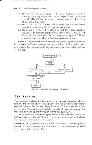 40 g Theory ofComputer Science
Oi) The set of all rational numbers (i.e. fractions which are of the form
alb. where a is any integer and b is an integer different from zero)
is a field. (The identity element W.r.t. multiplication is 1. The inverse
of alb, alb ;f:; 0 is bla.)
(iii) The set of all 2 x 2 matrices with matrix addition and matrix
multiplication is a ring with identity, but not a field.
(iv) The power set 24
(A ;f:; 0) is also a set with two binary operations
u and n. The postulates satisfied by u and n are 1, 2, 3, 5, 6, 7, 8,
10 and 11. The power set 2...1 is not a group or a ring or a field. But
it is an abelian monoid W.r.t. both the operations u and n.
Figure 2.2 illustrates the relation between the various algebraic systems we
have introduced. The interpretation is as given in Fig. 2.1. The numbers refer
to postulates. For example, an abelian group satisfying the postulates 6, 7 and
11 is a ring.
10
r--
Ring
10
1-5
8
Ring with identity
Field 1-11
Fig. 2.2 Sets with tvvo binary operations.
2.1.4 RELATIONS
The concept of a relation is a basic concept in computer science as well as in
real life. This concept arises vhen we consider a pair of objects and compare
one vith the other. For example, 'being the father of' gives a relation between
two persons. We can express the relation by ordered pairs (for instance, 'a is
the father of b' can be represented by the ordered pair (a, b)).
While executing a program, comparisons are made, and based on the result.
different tasks are performed. Thus in computer science the concept of relation
arises just as in the case of data structures.
Definition 2.2 A relation R in a set S is a collection of ordered pairs of
elements in S (i.e. a subset of S x S). When (x, y) is in R, we write xRy. When
(x, v) is not in R. we write xR
t
)".
 