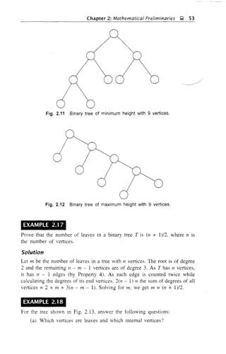 Chapter 2: Mathematical Preliminaries );l, 53
Fig. 2.11 Binary tree of minimum height with 9 vertices.
Fig. 2.12 Binary tree of maximum height with 9 vertices.
EXAMPLE 2.1 7
Prove that the number of leaves in a binary tree Tis (/1 + 1)/2, where /1 IS
the number of vertices.
Solution
Let in be the number of leaves in a tree with /1 vertices. The root is of degree
2 and the remaining /1 - in - 1 vertices are of degree 3. As T has /1 vertices,
it has /1 - 1 edges (by Property 4). As each edge is counted twice while
calculating the degrees of its end vertices. 2(/1 - 1) = the sum of degrees of all
vertices =2 + m + 3(11 - In - 1). Solving for in. we get in =(/1 + 1)12.
EXAMPLE 2.18
For the tree shown in Fig. 2.13, answer the following questions:
(a) Which vertices are leaves and vhich internal vertices?
 