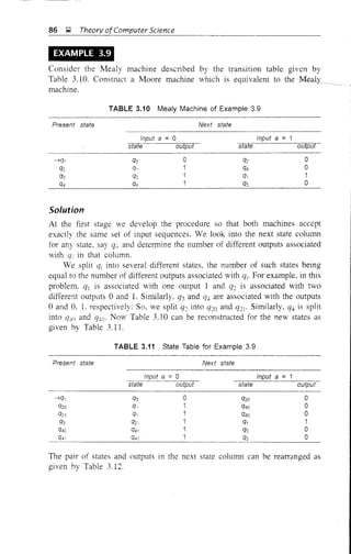 86 &;l Theory ofComputer Science
EXAMPLE 3.9
Consider the Mealv machine described
Table 3.10. Construct a Moore machine
machine.
by the transItIOn table given by
which is equivalent to the Mealy ----- ------ - -
Present state
TABLE 3.10 Mealy Machine of Example 3.9
Next state
Input a = 0
state output
Input a =
state output
Solution
o
1
1
1
o
o
1
o
At the first stage we develop the procedure so that both machines accept
exactly the same set of input sequences. Vve look into the next state column
for any state, say q/. and determine the number of different outputs associated
with q; in that column.
We split qi into several different states, the number of such states being
equal to the number of different outputs associated with q,. For example, in this
problem. ql is associated with one output 1 and q: is associated with two
different outputs 0 and 1. Similarly, q3 and '14 are associated with the outputs
oand O. 1. respectively. So. we split q: into q-:w and <721' Similarly, q4 is split
into q.11) and '141' Now Table 3.10 can be reconstructed for the new states as
given by Table 3.11.
TABLE 3.11 State Table for Example 3.9
Present state Next state
Input a = 0 Input a = 1
state output state output
-"q, qa 0 q20 0
Q20 q, q40 0
q21 q, Q40 0
qa q2 q, 1
q4G q4, qa 0
q41 q4, qa 0
The pair of states and outputs in the next state column can be rearranged as
given by Table 3.12.
 