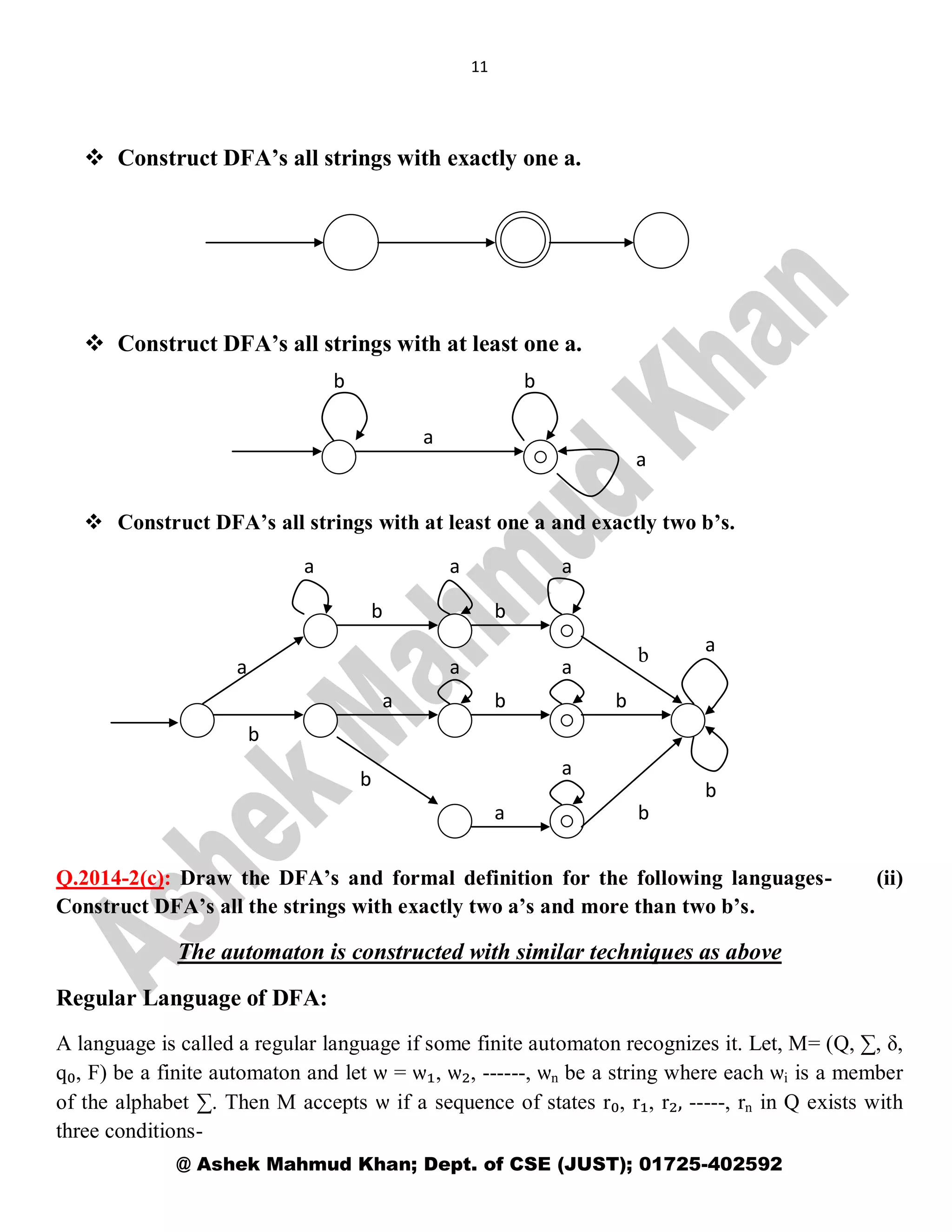 11
@ Ashek Mahmud Khan; Dept. of CSE (JUST); 01725-402592
 Construct DFA’s all strings with exactly one a.
 Construct DFA’s all strings with at least one a.
 Construct DFA’s all strings with at least one a and exactly two b’s.
Q.2014-2(c): Draw the DFA’s and formal definition for the following languages- (ii)
Construct DFA’s all the strings with exactly two a’s and more than two b’s.
The automaton is constructed with similar techniques as above
Regular Language of DFA:
A language is called a regular language if some finite automaton recognizes it. Let, M= (Q, ∑, δ,
q₀, F) be a finite automaton and let ѡ = ѡ₁, ѡ₂, ------, ѡn be a string where each ѡi is a member
of the alphabet ∑. Then M accepts ѡ if a sequence of states r₀, r₁, r₂, -----, rn in Q exists with
three conditions-
b
b
a
a b
a
b b
a a a
a a
a
b
b
b a
b
b
a
b
a
 