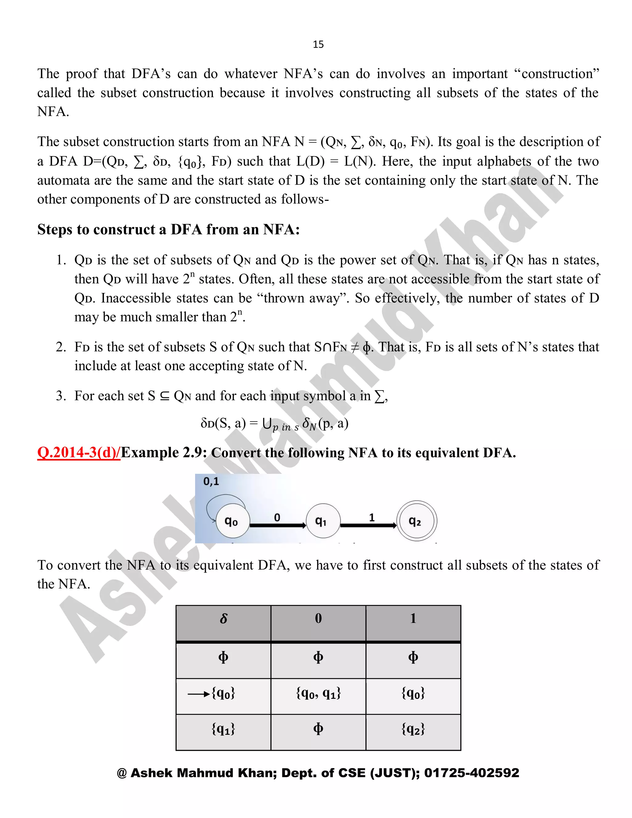 15
@ Ashek Mahmud Khan; Dept. of CSE (JUST); 01725-402592
The proof that DFA’s can do whatever NFA’s can do involves an important “construction”
called the subset construction because it involves constructing all subsets of the states of the
NFA.
The subset construction starts from an NFA N = (Qɴ, ∑, δɴ, q₀, Fɴ). Its goal is the description of
a DFA D=(Qᴅ, ∑, δᴅ, {q₀}, Fᴅ) such that L(D) = L(N). Here, the input alphabets of the two
automata are the same and the start state of D is the set containing only the start state of N. The
other components of D are constructed as follows-
Steps to construct a DFA from an NFA:
1. Qᴅ is the set of subsets of Qɴ and Qᴅ is the power set of Qɴ. That is, if Qɴ has n states,
then Qᴅ will have 2n
states. Often, all these states are not accessible from the start state of
Qᴅ. Inaccessible states can be “thrown away”. So effectively, the number of states of D
may be much smaller than 2n
.
2. Fᴅ is the set of subsets S of Qɴ such that S∩Fɴ ≠ ɸ. That is, Fᴅ is all sets of N’s states that
include at least one accepting state of N.
3. For each set S ⊆ Qɴ and for each input symbol a in ∑,
δᴅ(S, a) = 𝛿 𝑁𝑝 𝑖𝑛 𝑠 (p, a)
Q.2014-3(d)/Example 2.9: Convert the following NFA to its equivalent DFA.
To convert the NFA to its equivalent DFA, we have to first construct all subsets of the states of
the NFA.
𝜹 0 1
ɸ ɸ ɸ
{q₀} {q₀, q₁} {q₀}
{q₁} ɸ {q₂}
 