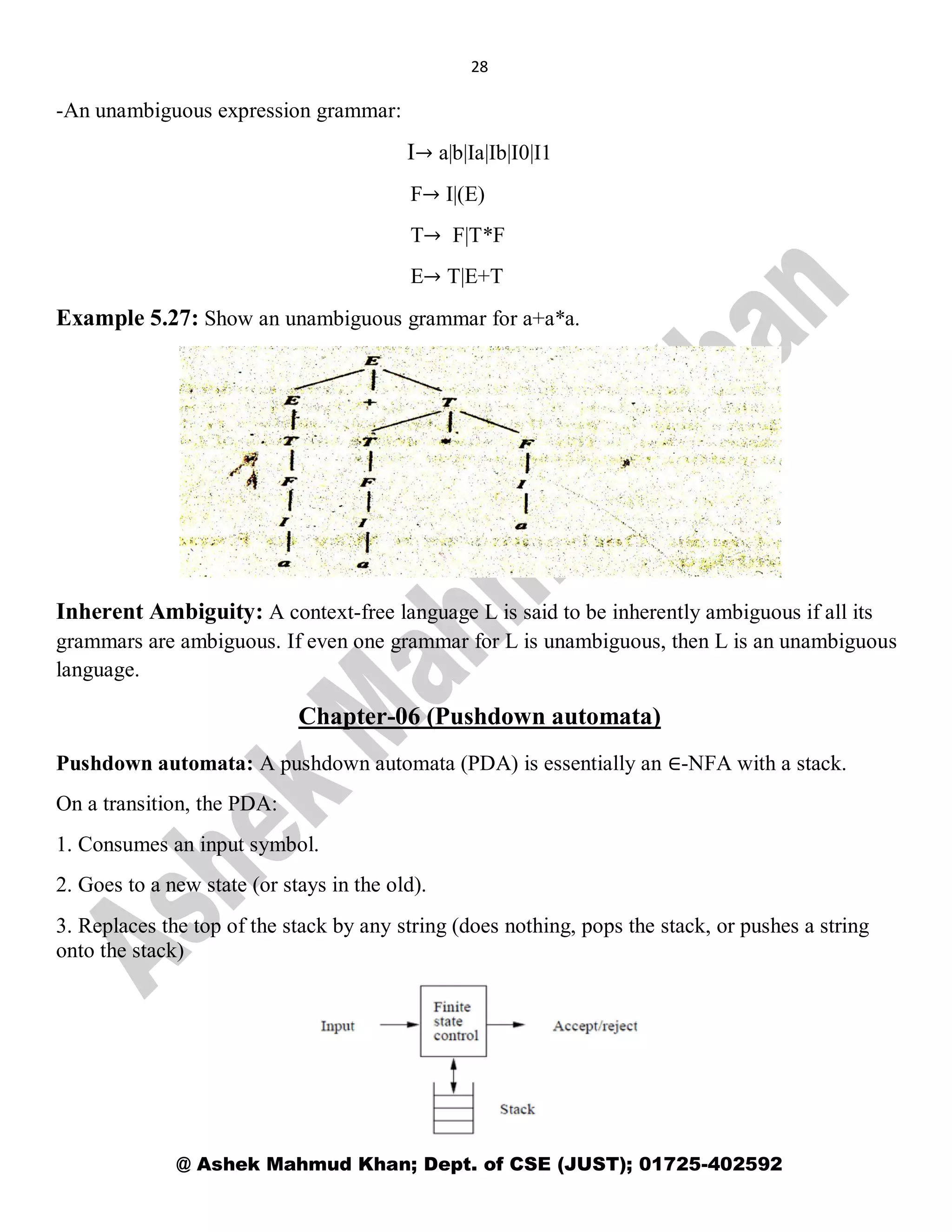 28
@ Ashek Mahmud Khan; Dept. of CSE (JUST); 01725-402592
-An unambiguous expression grammar:
I→ a|b|Ia|Ib|I0|I1
F→ I|(E)
T→ F|T*F
E→ T|E+T
Example 5.27: Show an unambiguous grammar for a+a*a.
Inherent Ambiguity: A context-free language L is said to be inherently ambiguous if all its
grammars are ambiguous. If even one grammar for L is unambiguous, then L is an unambiguous
language.
Chapter-06 (Pushdown automata)
Pushdown automata: A pushdown automata (PDA) is essentially an ∈-NFA with a stack.
On a transition, the PDA:
1. Consumes an input symbol.
2. Goes to a new state (or stays in the old).
3. Replaces the top of the stack by any string (does nothing, pops the stack, or pushes a string
onto the stack)
 