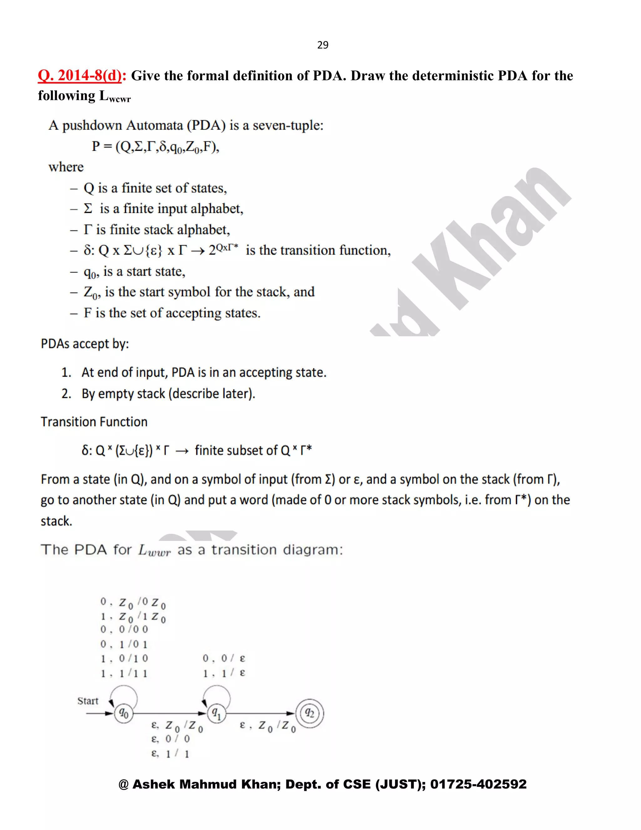 29
@ Ashek Mahmud Khan; Dept. of CSE (JUST); 01725-402592
Q. 2014-8(d): Give the formal definition of PDA. Draw the deterministic PDA for the
following Lwcwr
 
