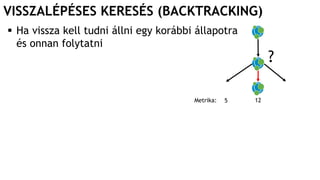VISSZALÉPÉSES KERESÉS (BACKTRACKING)
 Ha vissza kell tudni állni egy korábbi állapotra
és onnan folytatni
?
Metrika: 5 12
 