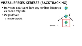 VISSZALÉPÉSES KERESÉS (BACKTRACKING)
 Ha vissza kell tudni állni egy korábbi állapotra
és onnan folytatni
 Megoldások:
o Import-export
?
Metrika: 5 12 8
 