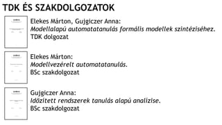 TDK ÉS SZAKDOLGOZATOK
Gujgiczer Anna:
Időzített rendszerek tanulás alapú analízise.
BSc szakdolgozat
Elekes Márton:
Modellvezérelt automatatanulás.
BSc szakdolgozat
Elekes Márton, Gujgiczer Anna:
Modellalapú automatatanulás formális modellek szintéziséhez.
TDK dolgozat
 