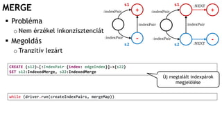 MERGE
CREATE (s12)-[:IndexPair {index: edgeIndex}]->(s22)
SET s12:IndexedMerge, s22:IndexedMerge
 Probléma
o Nem érzékel inkonzisztenciát
 Megoldás
o Tranzitív lezárt
+
-
:indexPair
:indexPair
:indexPair
:indexPair
+
-:NEXT
:NEXTs1 s1
s2 s2
:indexPair :indexPair
Új megtalált indexpárok
megjelölése
while (driver.run(createIndexPairs, mergeMap))
 
