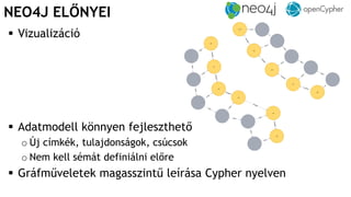  Vizualizáció
 Adatmodell könnyen fejleszthető
o Új címkék, tulajdonságok, csúcsok
o Nem kell sémát definiálni előre
 Gráfműveletek magasszintű leírása Cypher nyelven
NEO4J ELŐNYEI
 