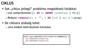 CIKLUS
 Sok „ciklus jellegű” probléma megoldható listákkal:
o List comprehension [x IN xs WHERE condition | f(x)]
o Reduce: reduce(acc = "", x IN list | acc + x.prop)
 De ciklusra szükség lehet
o Java kódból lekérdezések futtatása
while (gds.execute(conditionQuery).hasNext()) {
gds.execute(step1Query);
gds.execute(step2Query);
}
 