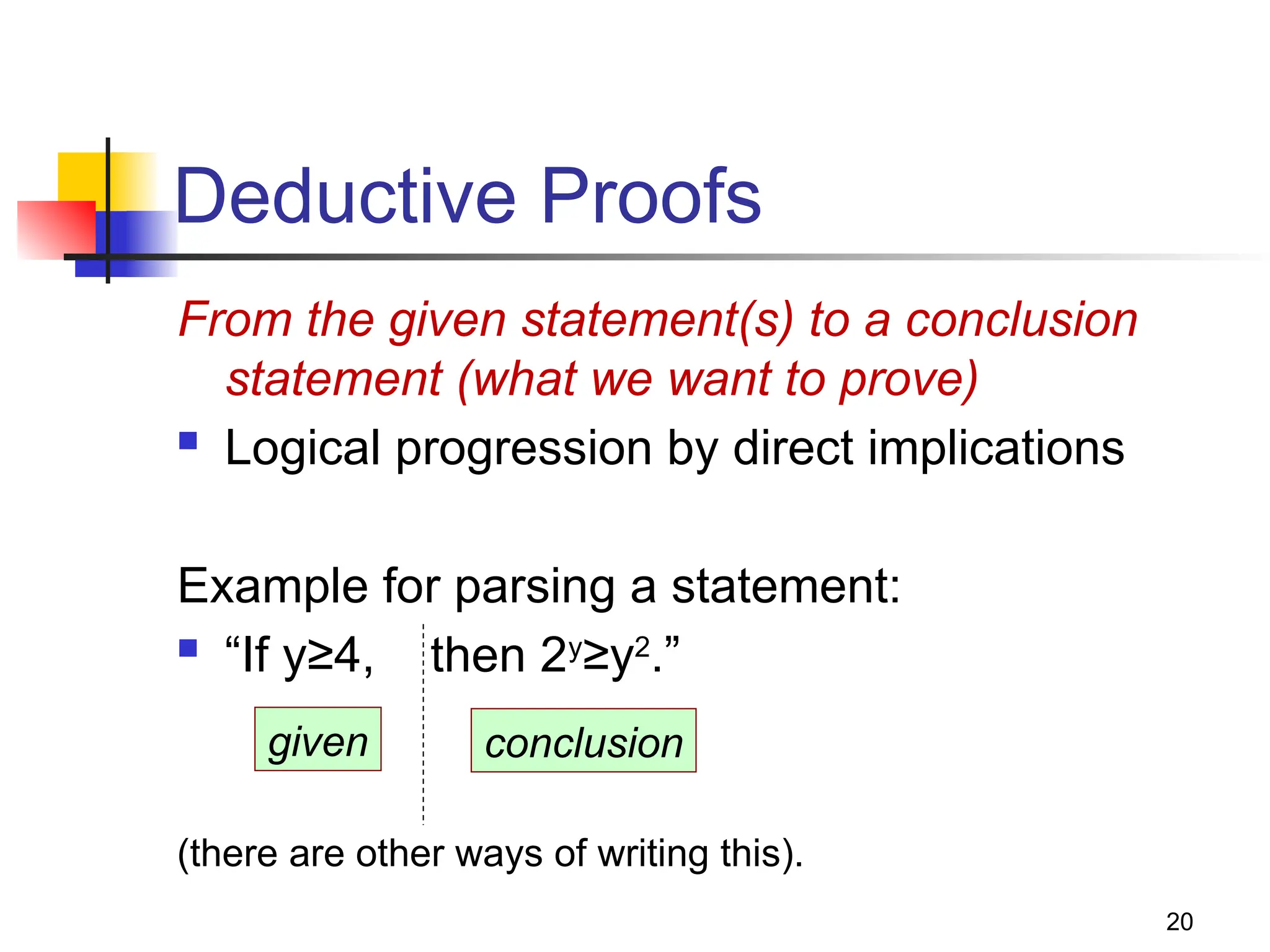 20
Deductive Proofs
From the given statement(s) to a conclusion
statement (what we want to prove)
 Logical progression by direct implications
Example for parsing a statement:
 “If y≥4, then 2y
≥y2
.”
(there are other ways of writing this).
given conclusion
 
