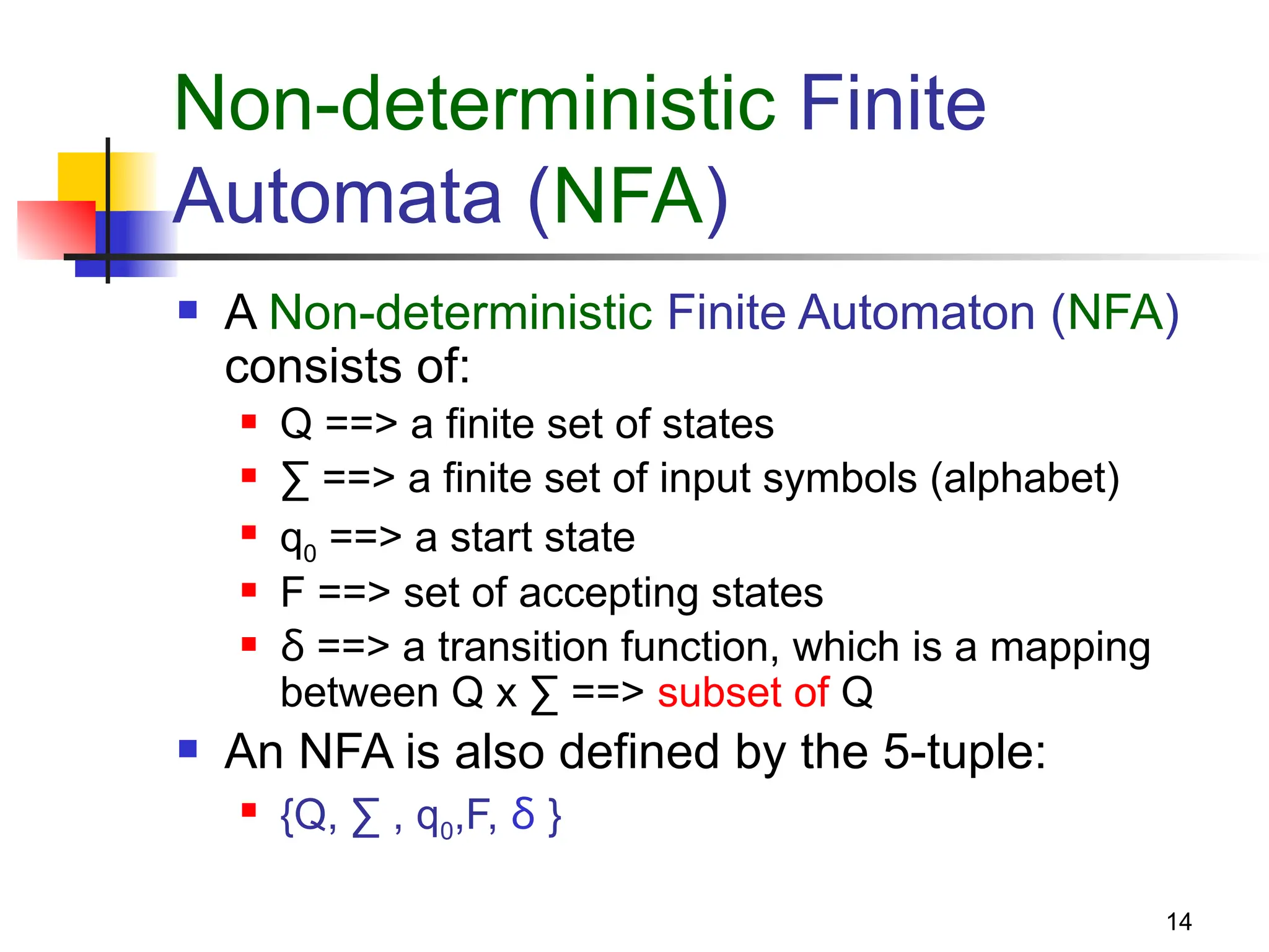 14
Non-deterministic Finite
Automata (NFA)
 A Non-deterministic Finite Automaton (NFA)
consists of:
 Q ==> a finite set of states
 ∑ ==> a finite set of input symbols (alphabet)
 q0 ==> a start state
 F ==> set of accepting states
 δ ==> a transition function, which is a mapping
between Q x ∑ ==> subset of Q
 An NFA is also defined by the 5-tuple:
 {Q, ∑ , q0,F, δ }
 