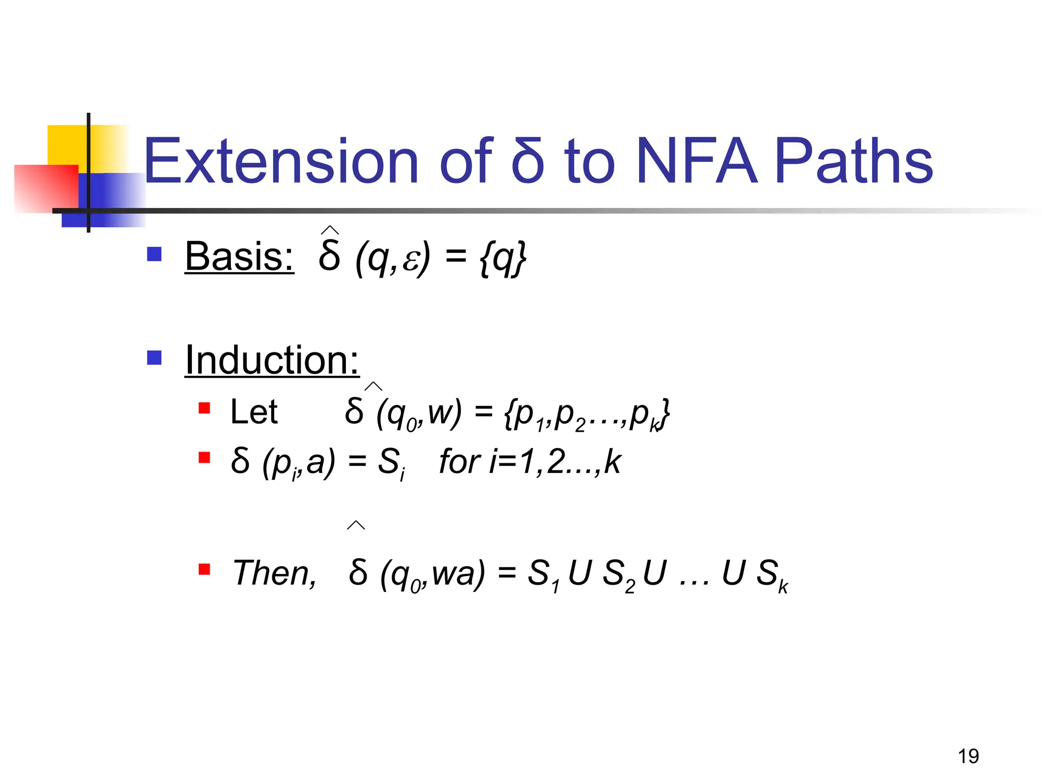 19
Extension of δ to NFA Paths
 Basis: δ (q,) = {q}
 Induction:
 Let δ (q0,w) = {p1,p2…,pk}
 δ (pi,a) = Si for i=1,2...,k
 Then, δ (q0,wa) = S1 U S2 U … U Sk
 
