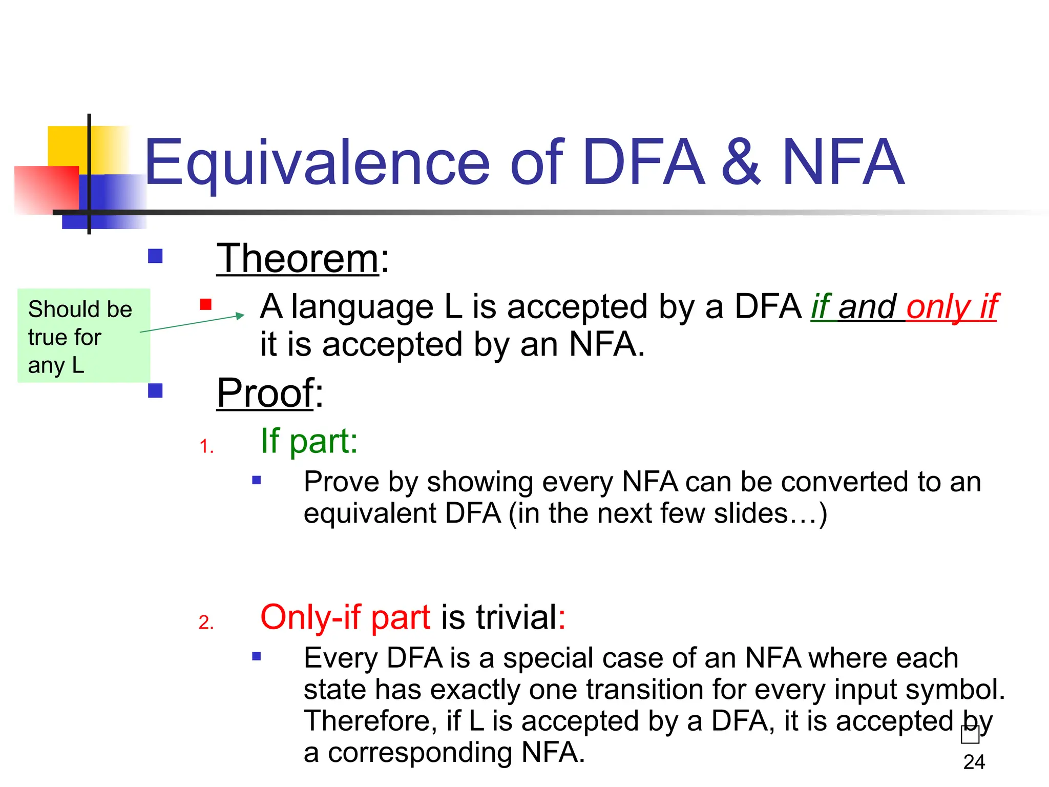 24
Equivalence of DFA & NFA
 Theorem:
 A language L is accepted by a DFA if and only if
it is accepted by an NFA.
 Proof:
1. If part:
 Prove by showing every NFA can be converted to an
equivalent DFA (in the next few slides…)
2. Only-if part is trivial:
 Every DFA is a special case of an NFA where each
state has exactly one transition for every input symbol.
Therefore, if L is accepted by a DFA, it is accepted by
a corresponding NFA.
Should be
true for
any L
 