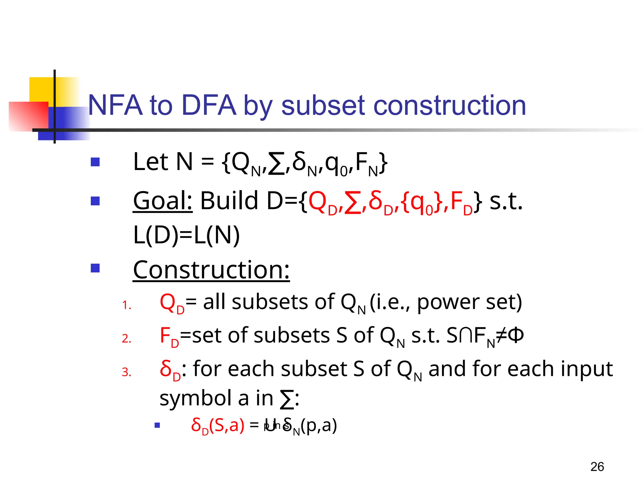 26
NFA to DFA by subset construction
 Let N = {QN, ,δ
∑ N,q0,FN}
 Goal: Build D={QD, ,δ
∑ D,{q0},FD} s.t.
L(D)=L(N)
 Construction:
1. QD= all subsets of QN (i.e., power set)
2. FD=set of subsets S of QN s.t. S∩FN≠Φ
3. δD: for each subset S of QN and for each input
symbol a in :
∑
 δD(S,a) = U δN(p,a)
p in s
 