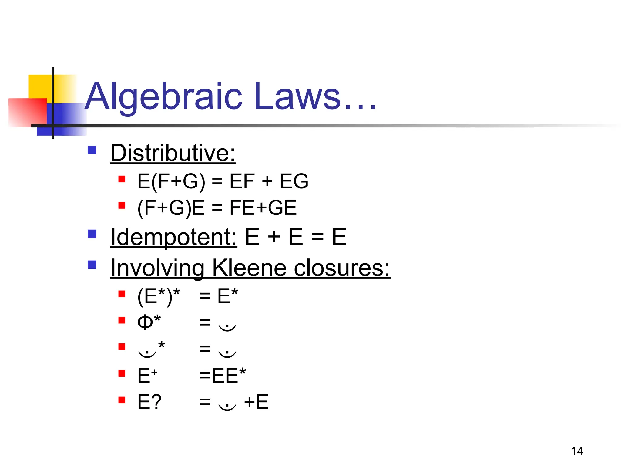 14
Algebraic Laws…
 Distributive:
 E(F+G) = EF + EG
 (F+G)E = FE+GE
 Idempotent: E + E = E
 Involving Kleene closures:
 (E*)* = E*
 Φ* = 
 * = 
 E+
=EE*
 E? =  +E
 