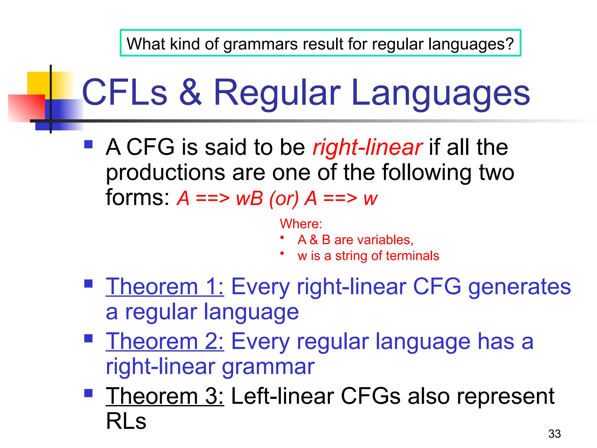 33
CFLs & Regular Languages
 A CFG is said to be right-linear if all the
productions are one of the following two
forms: A ==> wB (or) A ==> w
 Theorem 1: Every right-linear CFG generates
a regular language
 Theorem 2: Every regular language has a
right-linear grammar
 Theorem 3: Left-linear CFGs also represent
RLs
Where:
• A & B are variables,
• w is a string of terminals
What kind of grammars result for regular languages?
 