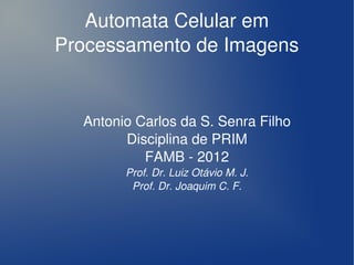 Automata Celular em 
    Processamento de Imagens


      Antonio Carlos da S. Senra Filho
            Disciplina de PRIM
               FAMB ­ 2012
            Prof. Dr. Luiz Otávio M. J.
             Prof. Dr. Joaquim C. F.




                        
 
