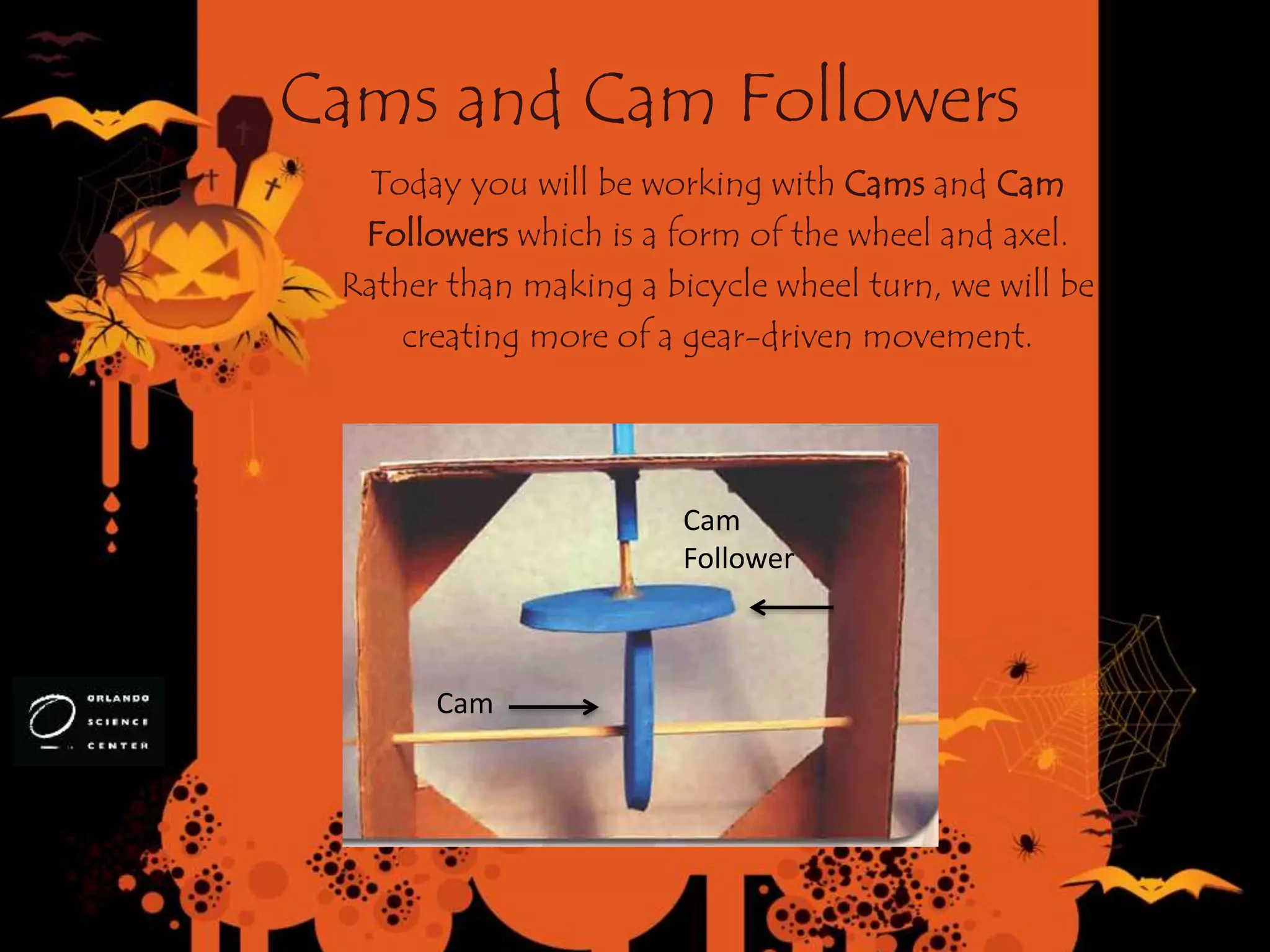 Cams and Cam Followers
Today you will be working with Cams and Cam
Followers which is a form of the wheel and axel.
Rather than making a bicycle wheel turn, we will be
creating more of a gear-driven movement.
Cam
Cam
Follower
 