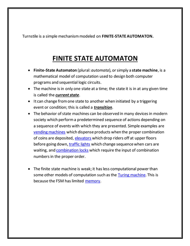 CONSTRUCTION OF A TURNSTILE USING FINITE AUTOMATA | PDF