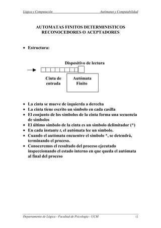 Lógica y Computación Autómatas y Computabilidad
Departamento de Lógica - Facultad de Psicología - UCM 12
AUTOMATAS FINITOS DETERMINISTICOS
RECONOCEDORES O ACEPTADORES
• Estructura:
Dispositivo de lectura
Cinta de Autómata
entrada Finito
• La cinta se mueve de izquierda a derecha
• La cinta tiene escrito un símbolo en cada casilla
• El conjunto de los símbolos de la cinta forma una secuencia
de símbolos
• El último símbolo de la cinta es un símbolo delimitador (*)
• En cada instante t, el autómata lee un símbolo.
• Cuando el autómata encuentre el símbolo *, se detendrá,
terminando el proceso.
• Conoceremos el resultado del proceso ejecutado
inspeccionando el estado interno en que queda el autómata
al final del proceso
 