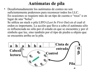 Autómatas de pila
• Desafortunadamente los autómatas de conteo no son
suficientemente poderosos para reconocer todos los LLC.
En ocasiones se requiere más de un tipo de cuenta o “roca” o en
lugar de una “bolsa”.
Se utiliza un stack o pila LIFO (Last In First Out) en el cual el
orden es importante. La acción que lleva a cabo el autómata sólo
es influenciada no sólo por el estado en que se encuentra y por el
símbolo que lee, sino también por el tipo de piedra u objeto que
se encuentra arriba en la pila.
a b a b b a
q0
q1
q2
q4
q3
qi
qn
Cinta de
entrada
Cabeza
lectora Control
α
β
Pila
 