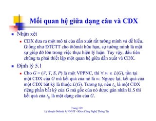 Trang 169
Lý thuyết Ôtômát & NNHT - Khoa Công Nghệ Thông Tin
Mối quan hệ giữa dạng câu và CDX
Nhận xét
CDX đưa ra một mô t...