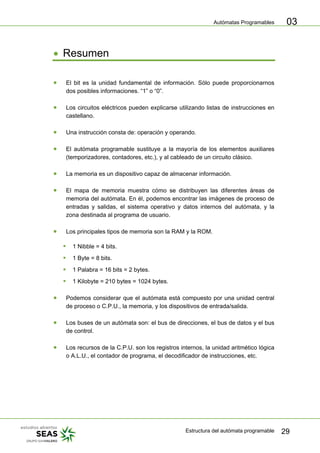 Autómatas Programables
Estructura del autómata programable 29
03
• Resumen
• El bit es la unidad fundamental de información. Sólo puede proporcionarnos
dos posibles informaciones. “1” o “0”.
• Los circuitos eléctricos pueden explicarse utilizando listas de instrucciones en
castellano.
• Una instrucción consta de: operación y operando.
• El autómata programable sustituye a la mayoría de los elementos auxiliares
(temporizadores, contadores, etc.), y al cableado de un circuito clásico.
• La memoria es un dispositivo capaz de almacenar información.
• El mapa de memoria muestra cómo se distribuyen las diferentes áreas de
memoria del autómata. En él, podemos encontrar las imágenes de proceso de
entradas y salidas, el sistema operativo y datos internos del autómata, y la
zona destinada al programa de usuario.
• Los principales tipos de memoria son la RAM y la ROM.
ƒ 1 Nibble = 4 bits.
ƒ 1 Byte = 8 bits.
ƒ 1 Palabra = 16 bits = 2 bytes.
ƒ 1 Kilobyte = 210 bytes = 1024 bytes.
• Podemos considerar que el autómata está compuesto por una unidad central
de proceso o C.P.U., la memoria, y los dispositivos de entrada/salida.
• Los buses de un autómata son: el bus de direcciones, el bus de datos y el bus
de control.
• Los recursos de la C.P.U. son los registros internos, la unidad aritmético lógica
o A.L.U., el contador de programa, el decodificador de instrucciones, etc.
 