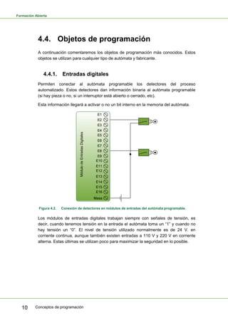 Formación Abierta
Conceptos de programación
10
4.4. Objetos de programación
A continuación comentaremos los objetos de programación más conocidos. Estos
objetos se utilizan para cualquier tipo de autómata y fabricante.
4.4.1. Entradas digitales
Permiten conectar al autómata programable los detectores del proceso
automatizado. Estos detectores dan información binaria al autómata programable
(si hay pieza o no, si un interruptor está abierto o cerrado, etc).
Esta información llegará a activar o no un bit interno en la memoria del autómata.
Módulo
de
Entradas
Digitales
Figura 4.2. Conexión de detectores en módulos de entradas del autómata programable.
Los módulos de entradas digitales trabajan siempre con señales de tensión, es
decir, cuando tenemos tensión en la entrada el autómata toma un “1” y cuando no
hay tensión un “0”. El nivel de tensión utilizado normalmente es de 24 V. en
corriente continua, aunque también existen entradas a 110 V y 220 V en corriente
alterna. Estas últimas se utilizan poco para maximizar la seguridad en lo posible.
 