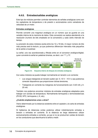 Formación Abierta
Conceptos de programación
14
4.4.6. Entradas/salidas analógicas
Este tipo de módulos permiten controlar elementos de señales analógicas como son
los captadores de temperatura o de presión o accionadores como variadores de
velocidad de un motor.
Entradas analógicas
Permite convertir una magnitud analógica en un número que se guarda en una
variable interna de la memoria de datos. Esta conversión se realiza atendiendo a la
resolución (numero de bits empleado en la conversión) y cada cierto intervalo de
tiempo.
La precisión de estos módulos oscila entre los 12 y 16 bits. A mayor número de bits
más precisa será la lectura, ya que podremos diferenciar intervalos más pequeños
de la señal a muestrear.
La señal, una vez acondicionada y filtrada entra en el conversor analógico/digital,
quien convierte la señal en palabras binarias, es decir, con “1” y “0”.
Figura 4.5. Esquema interno de bloques de entradas analógicas.
Con estos módulos se puede trabajar normalmente en tensión o en corriente:
ƒ Los rangos trabajando en tensión suelen ser: 0..10 V 10 V o sea podremos
conectar dispositivos que proporcionen dichas tensiones.
ƒ Trabajando en corriente los márgenes de funcionamiento son: 0-20 mA y 4-
20 mA.
También nos podemos encontrar módulos de entradas analógicas adaptados para
trabajar con sondas de temperatura. Normalmente termopares o termoresistencias
(Pt100, NTC, termopares J, K, etc).
¿Cuándo emplearemos unas u otras?
Viene determinado por la distancia existente entre el captador y la carta de entradas
analógicas.
Si hablamos de distancias cortas podemos utilizar indistintamente entradas a
tensión o entradas en corriente. Si la distancia es larga deberemos utilizar
exclusivamente entradas a corriente, ya que si no se producirían caídas de tensión
en los conductores que desvirtuaría la señal a medir.
 