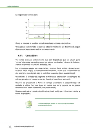 Formación Abierta
Conceptos de programación
20
El diagrama de tiempos será:
“1”
3 s
5 s
“0”
T1
“1”
“0”
Como se observa, la señal de entrada se activa y empieza a temporizar.
Una vez que ha terminado, se activa el bit del temporizador que determinará, según
el programa, las acciones realizar a posteriormente.
4.5.4. Contadores
Ya hemos explicado anteriormente que son dispositivos que se utilizan para
“contar” diferentes elementos como son piezas terminadas, número de botellas,
averías de proceso en un turno de trabajo, etc.
Los contadores pueden ser ascendentes, (cuentan hacia arriba), descendentes,
(cuentan hacia abajo), o ascendentes/descendentes, en los que se combinan los
dos anteriores (por ejemplo para el control de ocupación de un aparcamiento).
Usualmente, el contador se programa de forma que arranca con una consigna de
entrada, por ejemplo cuando un sensor detecta el paso de un automóvil.
Después se programará la forma de contaje (ascendente o descendente) y el
contador a utilizar (hay que tener en cuenta que en la mayoría de los casos
tendremos más de 64 contadores para poder utilizar).
Una vez realizado el contaje, el autómata activará un bit que podremos consultar a
través de programa.
Veamos un ejemplo general de utilización de un contador
ascendente hasta 999.
 