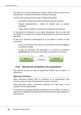 Formación Abierta
Conceptos de programación
22
Dos bytes de la zona de operandos de entradas, salidas y marcas, pueden formar
conjuntamente una palabra de entradas, de salidas o de marcas.
A groso modo, las operaciones de carga y transferencia permiten:
ƒ Intercambiar informaciones entre las diferentes zonas de operandos.
ƒ Preparar temporizaciones y valores de contador para su posterior
tratamiento.
ƒ Cargar valores constantes, necesarios para la ejecución del programa.
El intercambio de información no se realiza directamente, sino por medio del
acumulador. El acumulador es un registro del procesador que opera como memoria
intermedia.
El flujo de la información intercambiada es el que define el nombre de estas
operaciones:
ƒ El flujo de información de la memoria al acumulador se denomina carga (el
acumulador se carga).
ƒ El flujo de información del acumulador a la memoria se denomina
transferencia (el contenido del acumulador es transferido a la memoria).
4.5.6. Operaciones aritméticas y de comparación
Este apartado presenta dos tipos de operaciones distintas que se explican a a
continuación:
Operaciones aritméticas
Estas operaciones permiten tratar los contenidos de los acumuladores como
números y operar con ellos aritméticamente (sumarlos o restarlos).
Estas operaciones utilizan normalmente operandos de 8 bits (byte), 16 bits
(palabra) o 32 bits (doble palabra).
El resultado de la operación efectuada se deposita en el acumulador, el cual es un
registro que el dispositivo utiliza para guardar temporalmente los datos utilizados en
cada operación
 