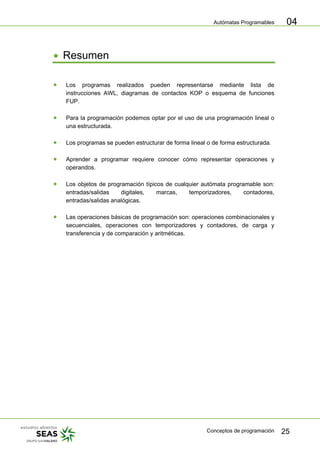 Autómatas Programables
Conceptos de programación 25
04
• Resumen
• Los programas realizados pueden representarse mediante lista de
instrucciones AWL, diagramas de contactos KOP o esquema de funciones
FUP.
• Para la programación podemos optar por el uso de una programación lineal o
una estructurada.
• Los programas se pueden estructurar de forma lineal o de forma estructurada.
• Aprender a programar requiere conocer cómo representar operaciones y
operandos.
• Los objetos de programación típicos de cualquier autómata programable son:
entradas/salidas digitales, marcas, temporizadores, contadores,
entradas/salidas analógicas.
• Las operaciones básicas de programación son: operaciones combinacionales y
secuenciales, operaciones con temporizadores y contadores, de carga y
transferencia y de comparación y aritméticas.
 