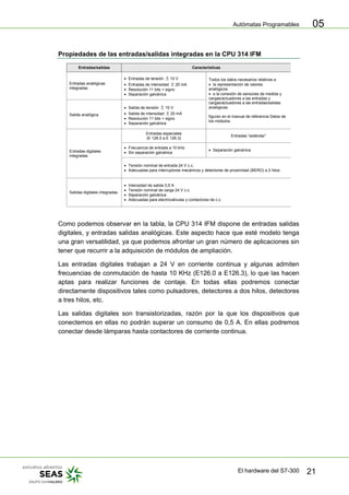 Autómatas Programables
El hardware del S7-300 21
05
Propiedades de las entradas/salidas integradas en la CPU 314 IFM
Entradas/salidas Características
Entradas analógicas
integradas
• Entradas de tensión ± 10 V
• Entradas de intensidad ± 20 mA
• Resolución 11 bits + signo
• Separación galvánica
Salida analógica
• Salida de tensión ± 10 V
• Salida de intensidad ± 20 mA
• Resolución 11 bits + signo
• Separación galvánica
Todos los datos necesarios relativos a
• la representación de valores
analógicos
• a la conexión de sensores de medida y
cargas/actuadores a las entradas y
cargas/actuadores a las entradas/salidas
analógicas
figuran en el manual de referencia Datos de
los módulos.
Entradas especiales
(E 126.0 a E 126.3)
Entradas ”estándar”
• Frecuencia de entrada a 10 kHz
• Sin separación galvánica
• Separación galvánica
Entradas digitales
integradas
• Tensión nominal de entrada 24 V c.c.
• Adecuadas para interruptores mecánicos y detectores de proximidad (BERO) a 2 hilos
Salidas digitales integradas
• Intensidad de salida 0,5 A
• Tensión nominal de carga 24 V c.c.
• Separación galvánica
• Adecuadas para electroválvulas y contactores de c.c.
Como podemos observar en la tabla, la CPU 314 IFM dispone de entradas salidas
digitales, y entradas salidas analógicas. Este aspecto hace que esté modelo tenga
una gran versatilidad, ya que podemos afrontar un gran número de aplicaciones sin
tener que recurrir a la adquisición de módulos de ampliación.
Las entradas digitales trabajan a 24 V en corriente continua y algunas admiten
frecuencias de conmutación de hasta 10 KHz (E126.0 a E126.3), lo que las hacen
aptas para realizar funciones de contaje. En todas ellas podremos conectar
directamente dispositivos tales como pulsadores, detectores a dos hilos, detectores
a tres hilos, etc.
Las salidas digitales son transistorizadas, razón por la que los dispositivos que
conectemos en ellas no podrán superar un consumo de 0,5 A. En ellas podremos
conectar desde lámparas hasta contactores de corriente continua.
 