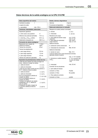 Autómatas Programables
El hardware del S7-300 23
05
Datos técnicos de la salida analógica en la CPU 314 IFM
Datos específicos del módulo
Cantidad de salidas 1
Longitud de cable
• apantallado máx. 100 m
Tensiones, intensidades, potenciales
Separación galvánica
• entre canal y bus posterior sí
Diferencia de potencial admisible 75 V c.c.
• entre MANA y Minterno (UISO) 60 V c.a.
Aislamiento ensayado con 500 V c.c.
Formación de valores analógicos
Resolución (incl. margen de
rebase por exceso)
11 bits +
signo
Tiempo de conversión 40 μs
Tiempo de estabilización
• para carga óhmica 0,6 ms
• para carga capacitiva 1,0 ms
• para carga inductiva 0,5 ms
Valores de sustitución aplicables no
Supresión de perturbaciones, límites de error
Límite de error práctico (en todo el margen de
temp., referido al margen de salida)
• salida de tensión ± 1,0 %
• salida de intensidad ± 1,0 %
Límite de error básico (límite de error práctico a
25 °C, referido al área de salida)
• salida de tensión ± 0,8 %
• salida de intensidad ± 0,9 %
Error por temperatura (referido al
margen de salida) ± 0,01 %/K
Error de linealidad (referido al
margen de salida) ± 0,06 %
Precisión de repetición (en estado
estabilizado a 25 °C, referida al
área de salida)
± 0,05 %
Ondulación de salida; margen de
0 a 50 kHz (referida al área de
salida)
± 0,05 %
Estado, alarmas; diagnósticos
Alarmas ninguno
Funciones de diagnóstico ninguno
Datos para seleccionar un actuador
Márgenes de salida (valores nominales)
• tensión ± 10 V
• intensidad ± 20 mA
Resistencia de carga
• para salida de tensión carga
capacitiva
mín. 2,0 kΩ
máx. 0,1 μF
• para salida de intensidad
carga inductiva
máx. 300 Ω
máx. 0,1 mH
Salida de tensión
• protección contra cortocircuito si
• intensidad de cortocircuito Máx. 40 mA
Salida de intensidad
• tensión en vacío Máx. 16 V
Límite de destrucción contra tensiones/corrientes
aplicadas desde el exterior
• tensiones en salida respecto
a MANA
máx. ± 15 V estable;
± 15 V durante máx.
1s (ciclo de trabajo
1:20)
• intensidad máx. 30 mA
Conexión de los actuadores
• para salida de tensión
conexión a 2 hilos Posible
conexión a 4 hilos No posible
• Para salida de corriente
Conexión a 2 hilos posible
 