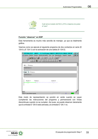 Autómatas Programables
El paquete de programación Step-7 33
06
Cuál sería el estado del RLO y STA si dejamos de pulsar
el “paro”
Función “observar” en KOP
Esta herramienta es mucho más sencilla de manejar, ya que es totalmente
gráfica.
Veamos como se ejecuta el siguiente programa de dos contactos en serie (E
124.0 y E 124.1) con la activación de una salida (A 124.0).
Este modo de representación se pondrá en verde cuando se vayan
cumpliendo las instrucciones del programa y permanecerá con líneas
discontinuas cuando no se cumplen. Así pues, se puede observar claramente
que la entrada E 124.0 está activada y la entrada E 124.1 no.
 